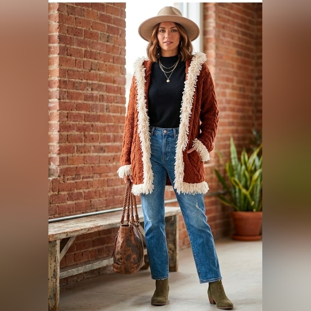 Cozy Otavalo 100% Wool Burgundy and Cream Women's Jacket L